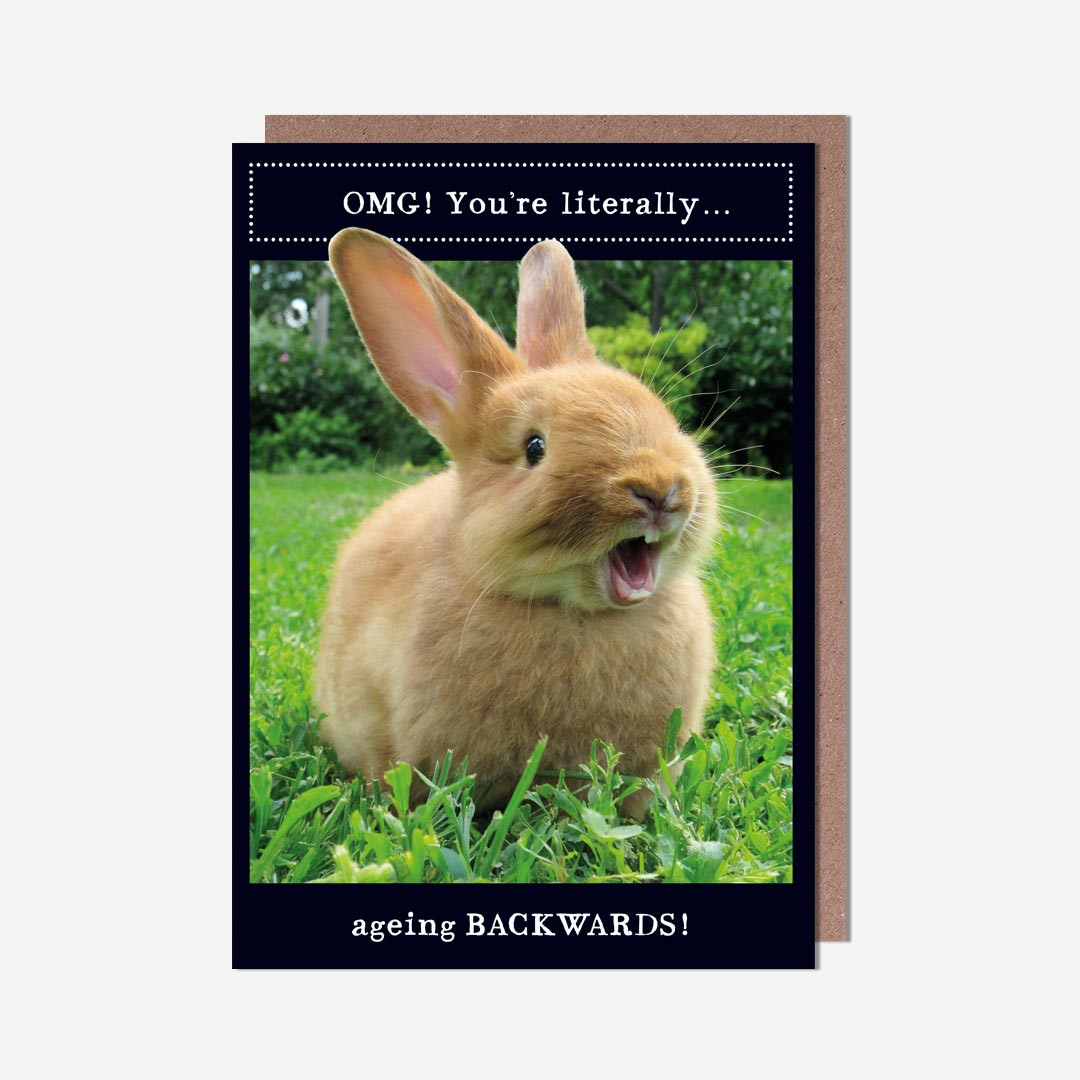 Shocked Rabbit Ageing Backwards Birthday Card
