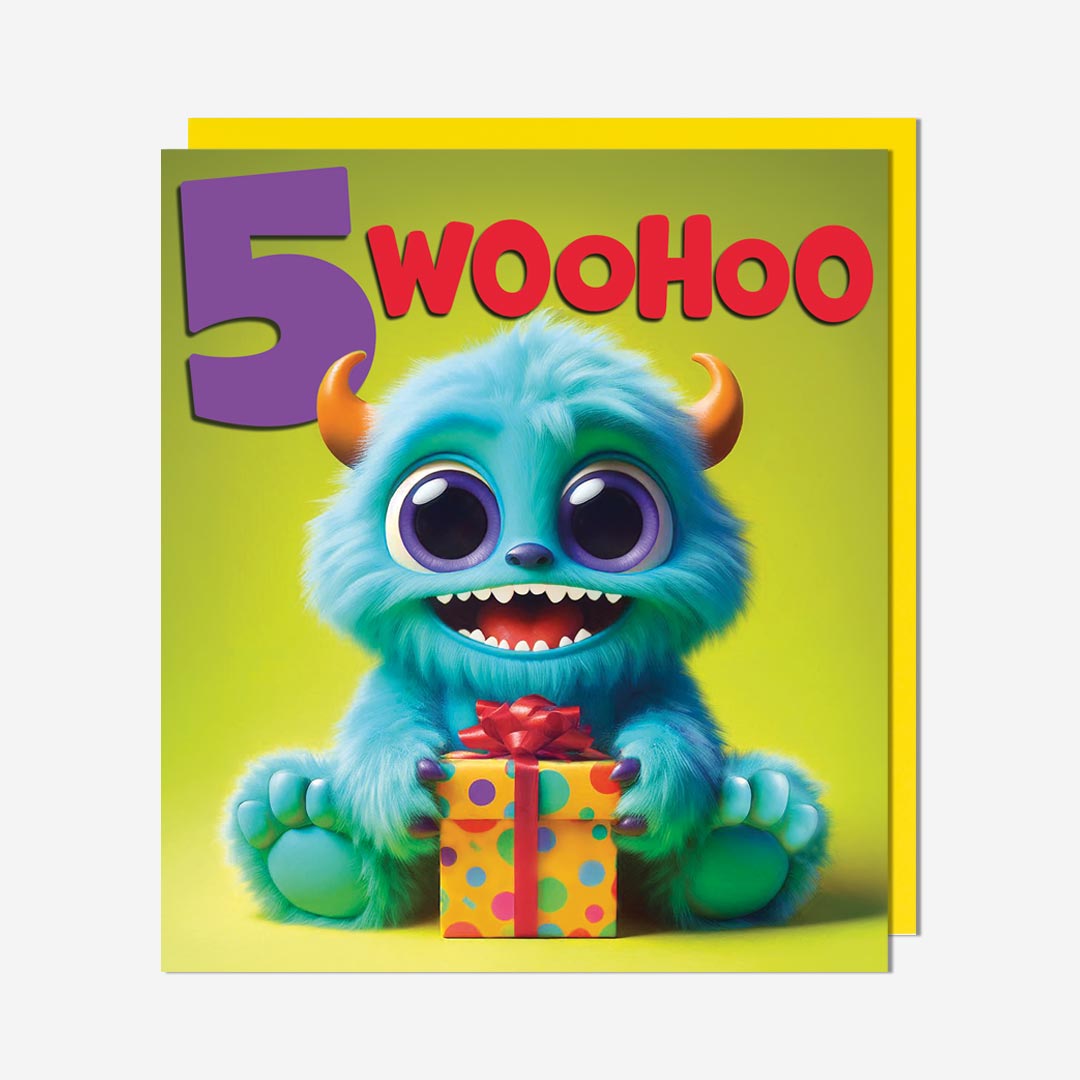 Woohoo Monster With Present 5th Birthday Card