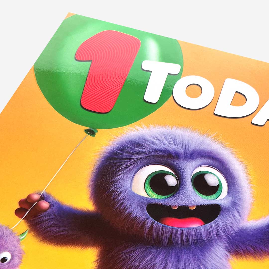 1 Purple monster with balloon 1st Birthday Card