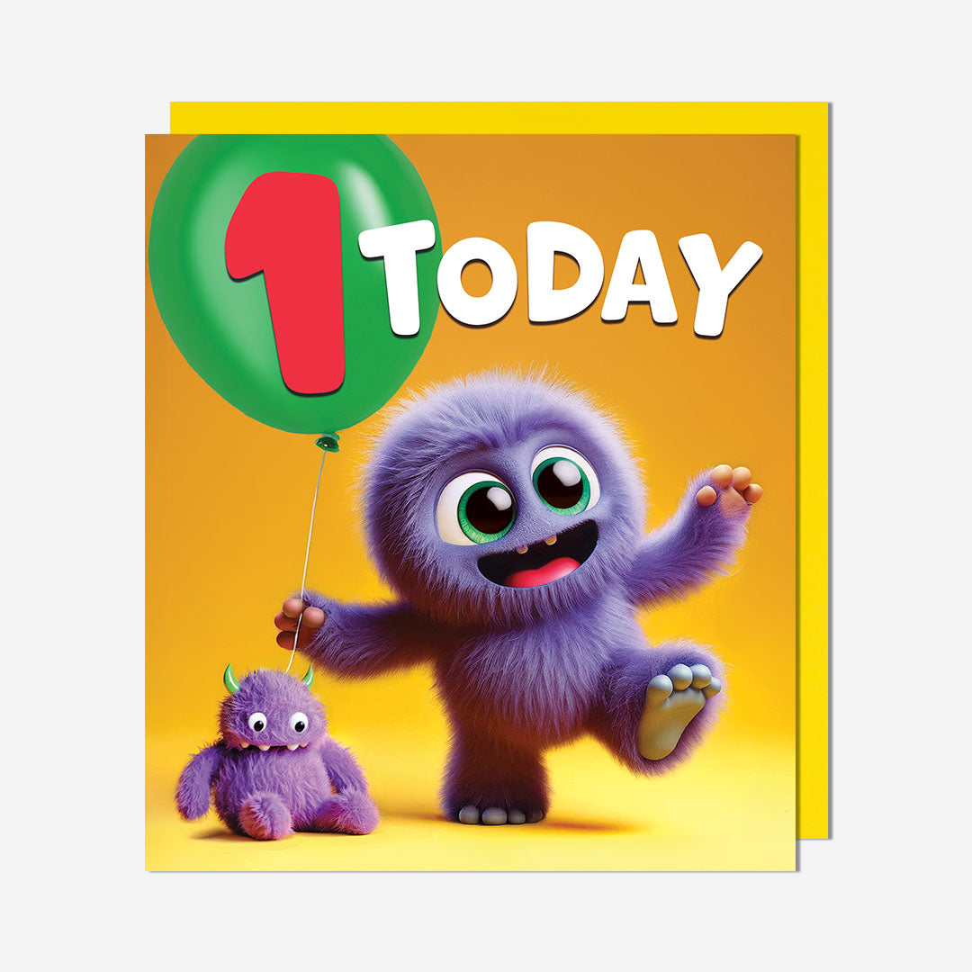 1 Purple monster with balloon 1st Birthday Card