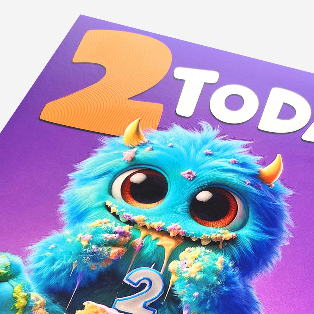 2 Blue monster eating cake 2nd Birthday Card