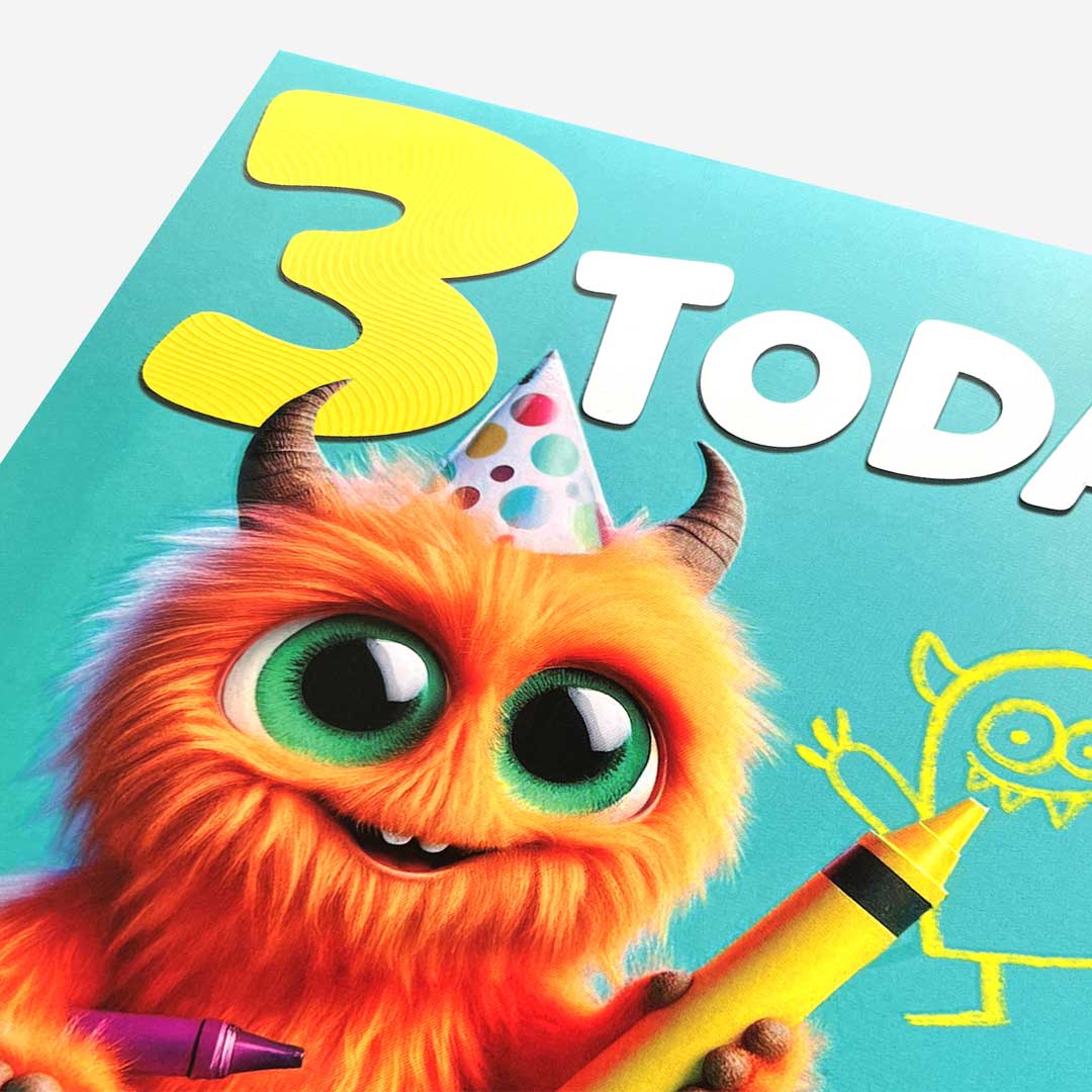 3 orange monster with crayon 3rd Birthday Card