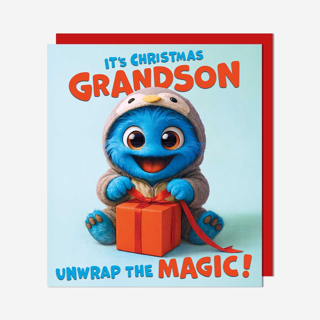 Blue monster wrapping present Grandson Card