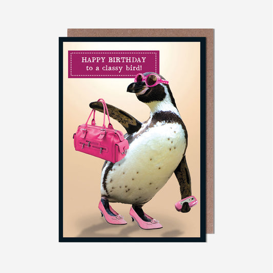 Classy Penguin Carrying Handbag Birthday Card
