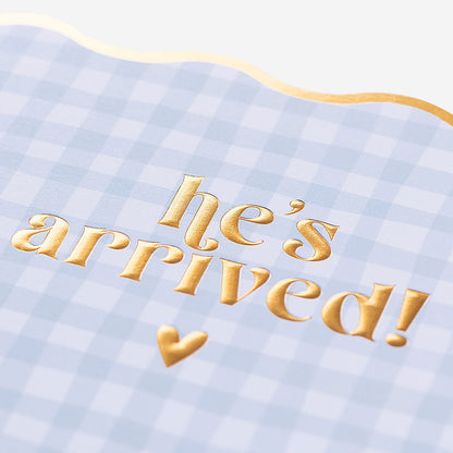 He's Arrived Check New Baby Boy Card