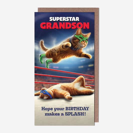 Grandson cat wrestler Grandson Birthday Card