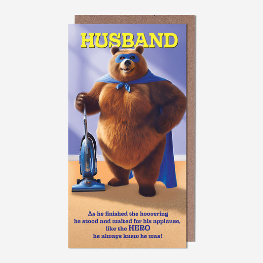 Husband hoovering bear Husband Birthday Card
