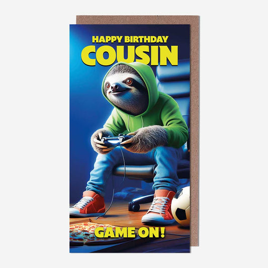 Cousin gaming sloth in hoodie Cousin Birthday Card
