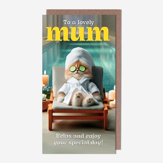 Mum cat relazing in spa Mum Birthday Card