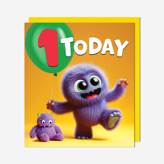 1 Purple monster with balloon 1st Birthday Card