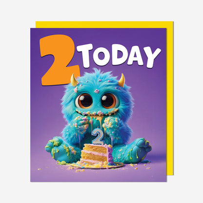 2 Blue monster eating cake 2nd Birthday Card