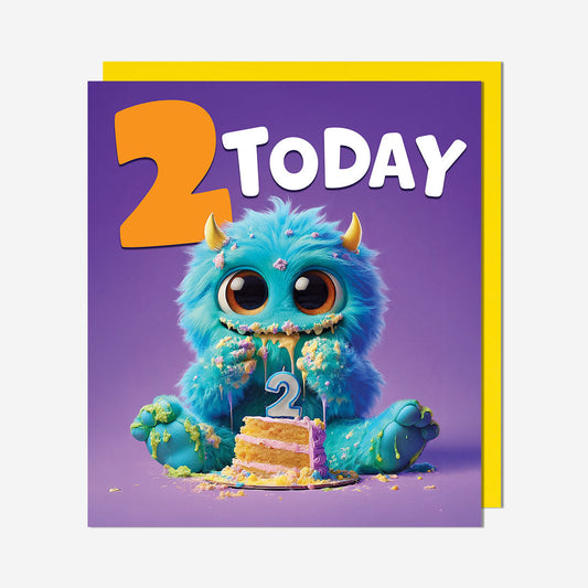 2 Blue monster eating cake 2nd Birthday Card