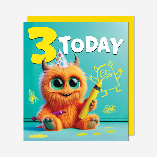 3 orange monster with crayon 3rd Birthday Card