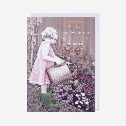 Girl Watering Flowers Friend Card