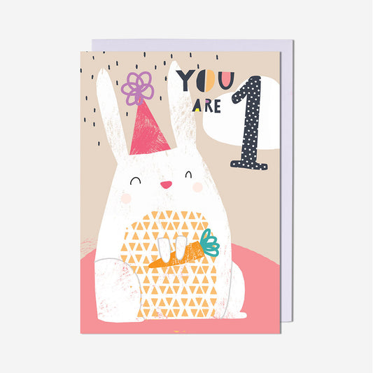 Rabbit With Carrot 1st Birthday Card