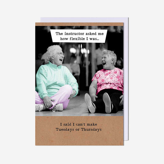 Two Women Laughing About Flexibility Birthday Card