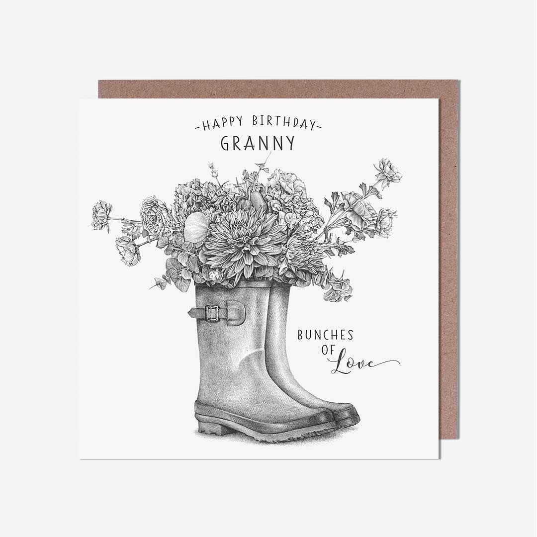 Flowers In Wellies Granny Birthday Card