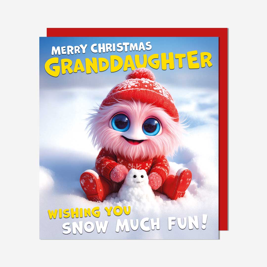 Pink monster building snowman Granddaughter Card