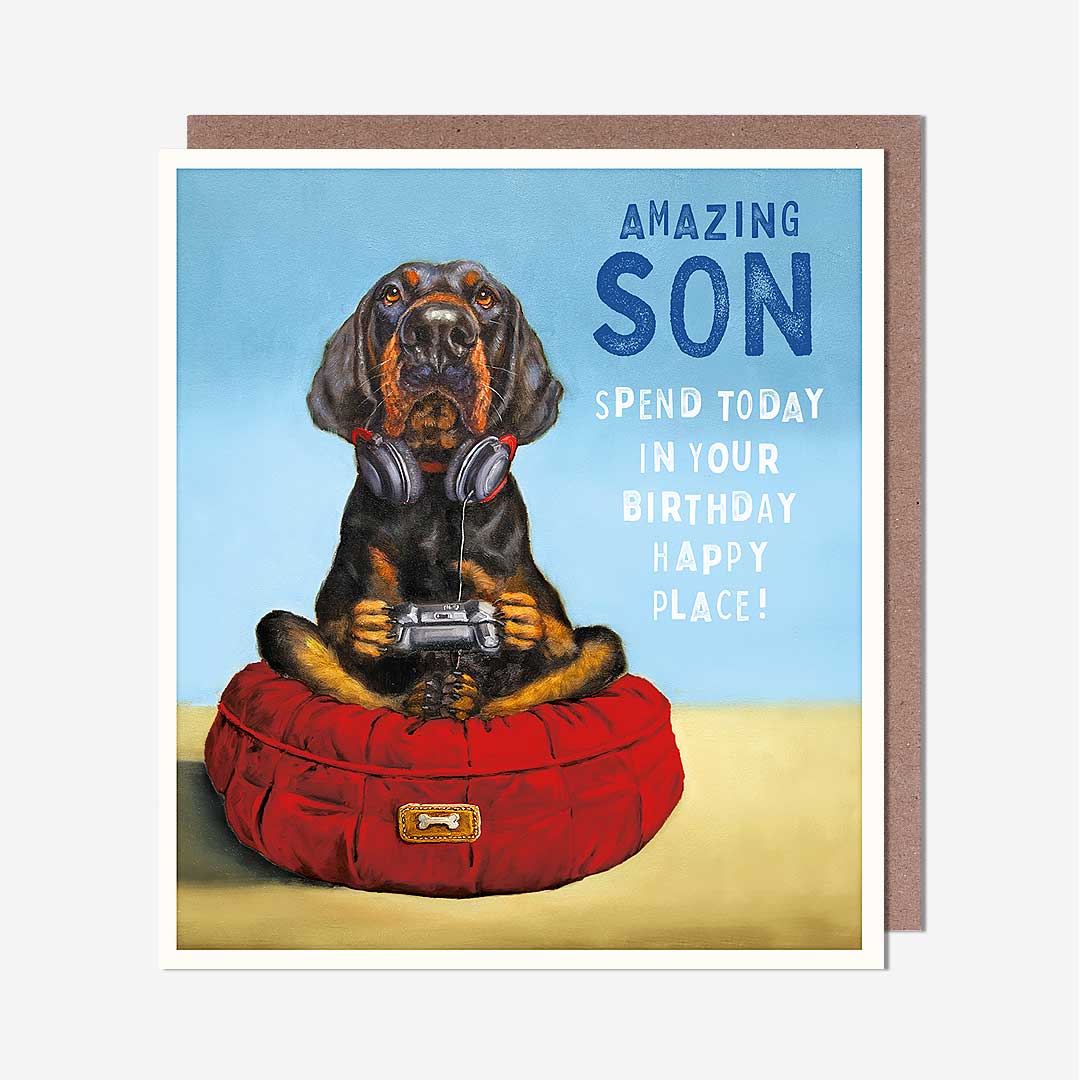 Dog Playing Games Son Birthday Card